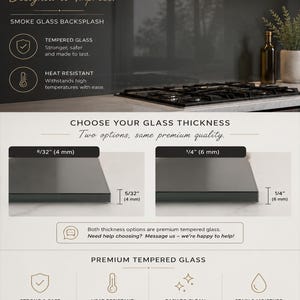 May include: A smoke glass backsplash for kitchens, featuring tempered glass that is heat, stain, and moisture resistant. The graphic displays two thickness options: 5/32 inch (4 mm) and 1/4 inch (6 mm), with text detailing durability and maintenance.
