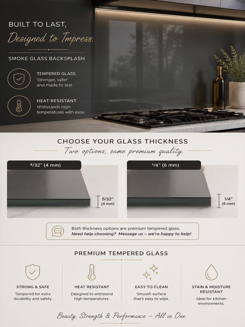 May include: A smoke glass backsplash for kitchens, featuring tempered glass that is heat, stain, and moisture resistant. The graphic displays two thickness options: 5/32 inch (4 mm) and 1/4 inch (6 mm), with text detailing durability and maintenance.