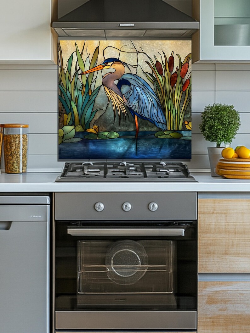 Stove Backsplash Panel - Heron Stained Glass, Easy Clean Surface image 2