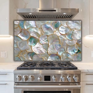 Mother of Pearl Tempered Glass Backsplash: Iridescent Kitchen Wall Art