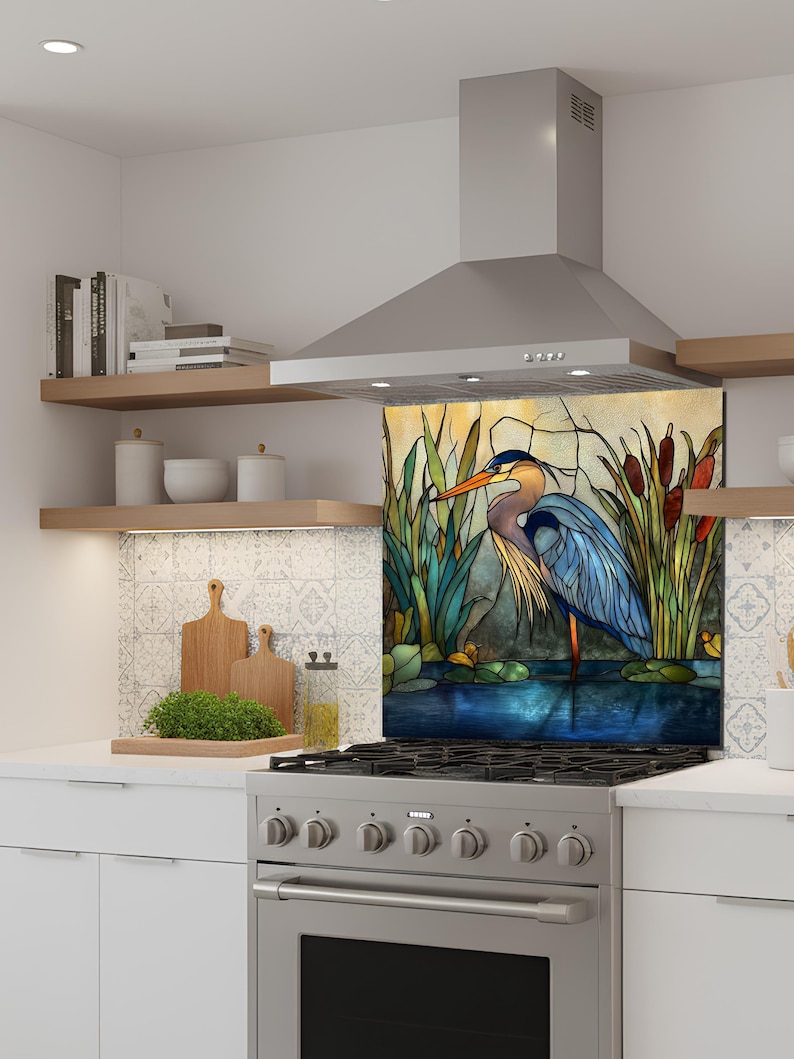 Stove Backsplash Panel - Heron Stained Glass, Easy Clean Surface image 8