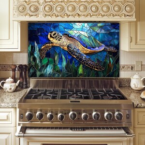 Sea Turtle Glass Backsplash: Coastal Kitchen Art in Blue Teal image 8