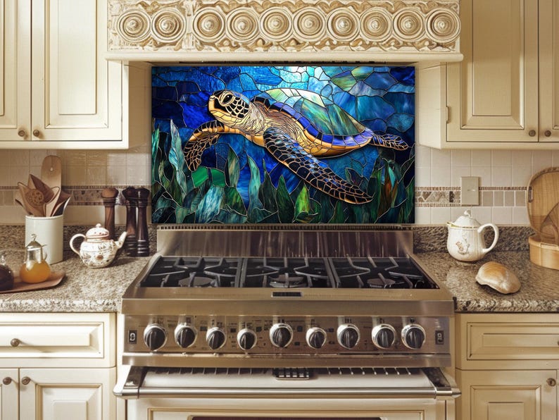 Sea Turtle Glass Backsplash: Coastal Kitchen Art in Blue Teal image 8