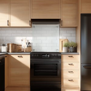 May include: A kitchen scene featuring light wood cabinets with black hardware, a black electric range, and a white subway tile backsplash. A clear glass splash guard is mounted behind the stove, and a black refrigerator stands to the right.