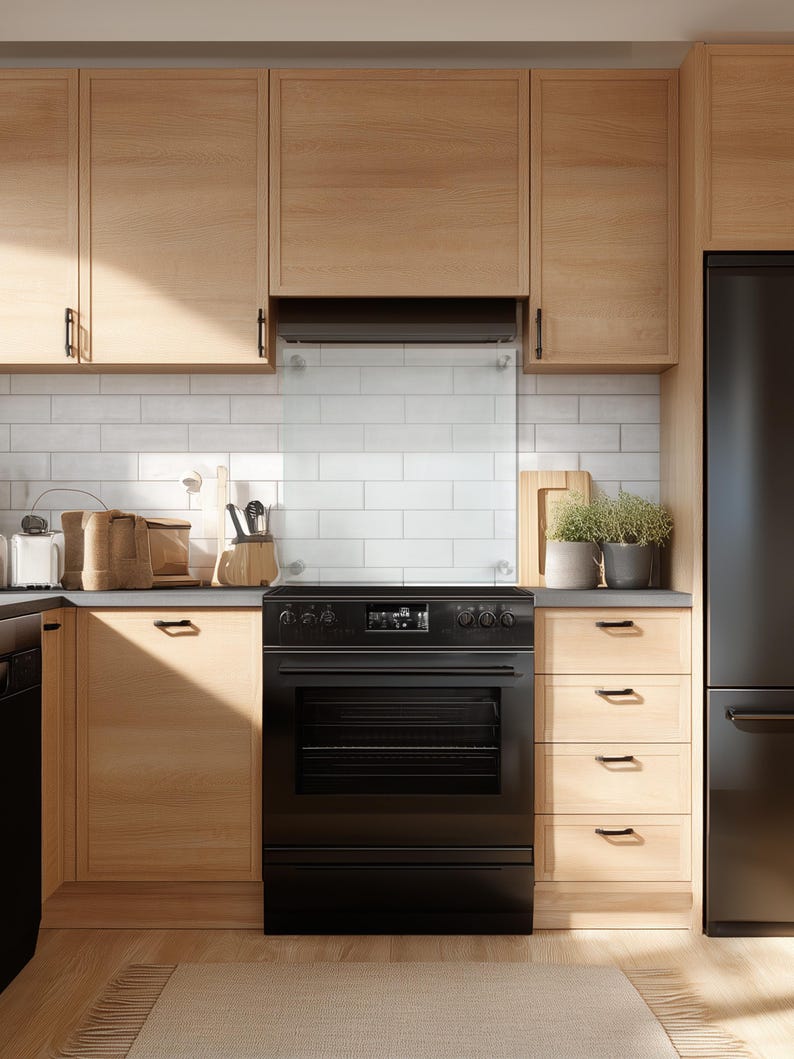 May include: A kitchen scene featuring light wood cabinets with black hardware, a black electric range, and a white subway tile backsplash. A clear glass splash guard is mounted behind the stove, and a black refrigerator stands to the right.