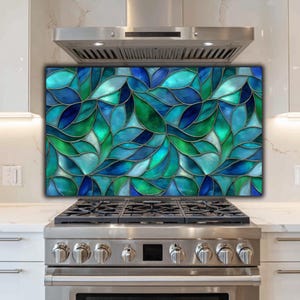 Leaf Mosaic Glass Backsplash - Blue-Green Stove Top Cover