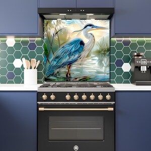 Blue Heron Stove Backsplash Tempered Glass Panel, Custom Size image 2