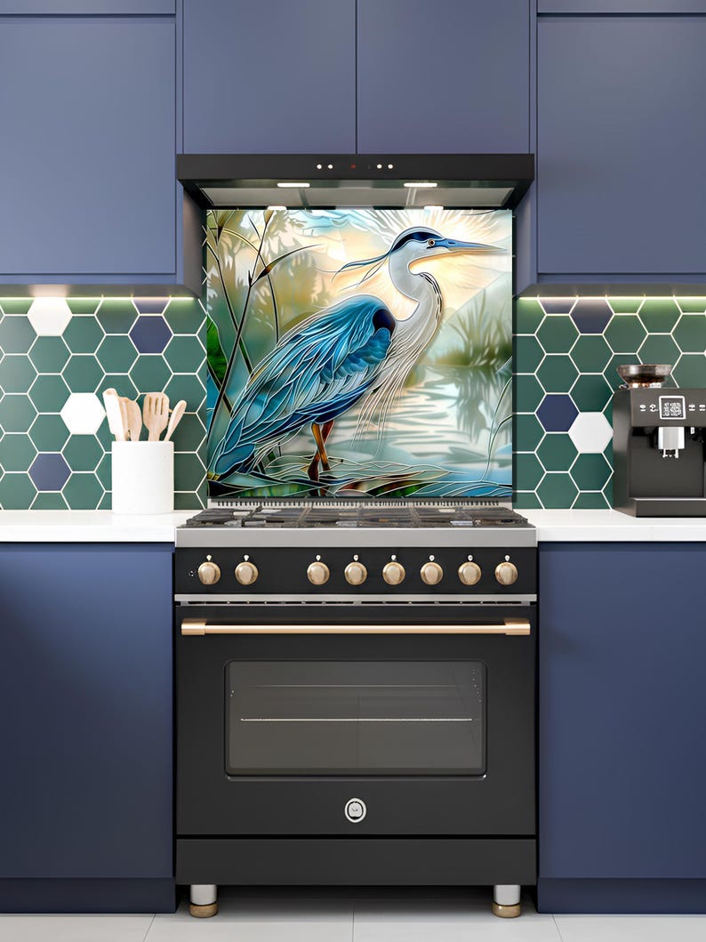 Blue Heron Stove Backsplash Tempered Glass Panel, Custom Size image 2
