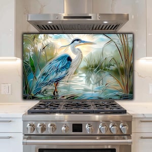 Stained Glass Heron Stove Backsplash: Art Nouveau Kitchen Splashback