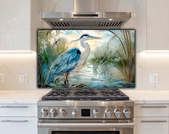 Stained Glass Heron Stove Backsplash: Art Nouveau Kitchen Splashback