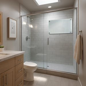 May include: A rectangular, frosted glass dry-erase board with four silver-toned metal mounting standoffs, mounted on a white subway-tiled shower wall inside a bathroom with a light wood vanity, a white toilet, and a beige towel hanging nearby.