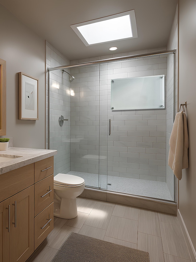 May include: A rectangular, frosted glass dry-erase board with four silver-toned metal mounting standoffs, mounted on a white subway-tiled shower wall inside a bathroom with a light wood vanity, a white toilet, and a beige towel hanging nearby.