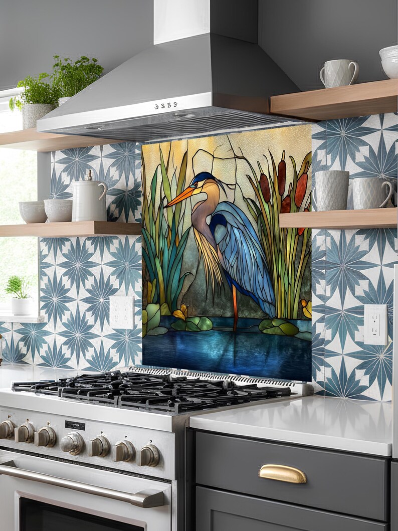 Stove Backsplash Panel - Heron Stained Glass, Easy Clean Surface image 10