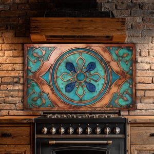 Glass Backsplash | Rustic Patina Copper Stove Guard | Teal Antique Metal Look Decor