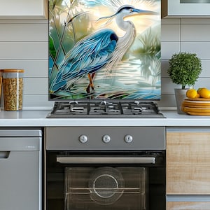 Blue Heron Stove Backsplash Tempered Glass Panel, Custom Size image 4