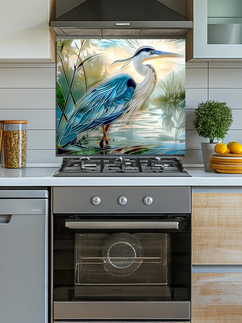 Blue Heron Stove Backsplash Tempered Glass Panel, Custom Size image 4