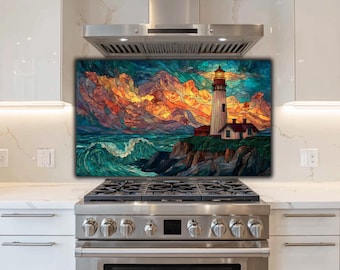 Glass Kitchen Backsplash: Teal Waves and Lighthouse - Tempered Safety