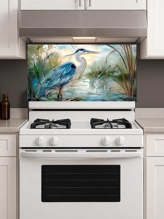 Blue Heron Stove Backsplash Tempered Glass Panel, Custom Size