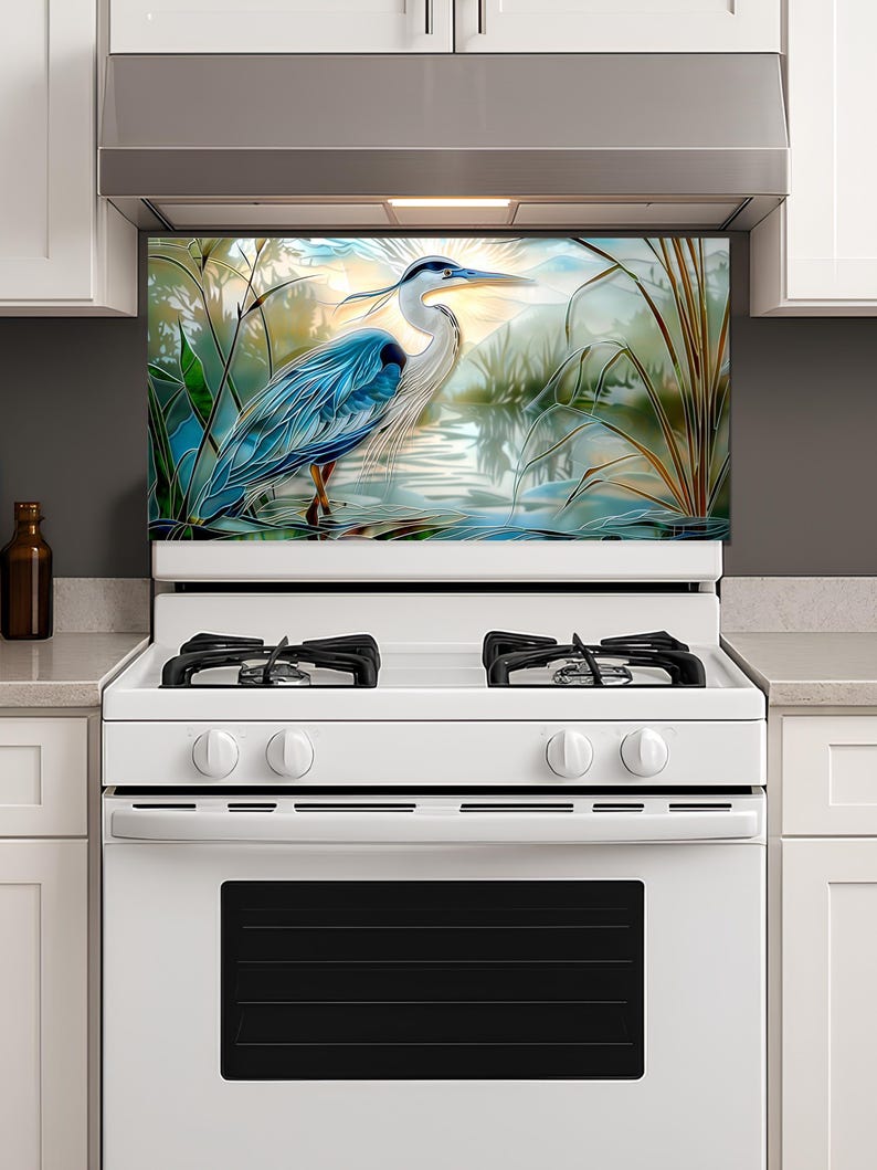 Blue Heron Stove Backsplash Tempered Glass Panel, Custom Size image 1