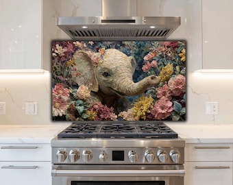 Glass Backsplash | Baby Elephant Floral Stove Guard | Colorful Whimsical Kitchen Decor