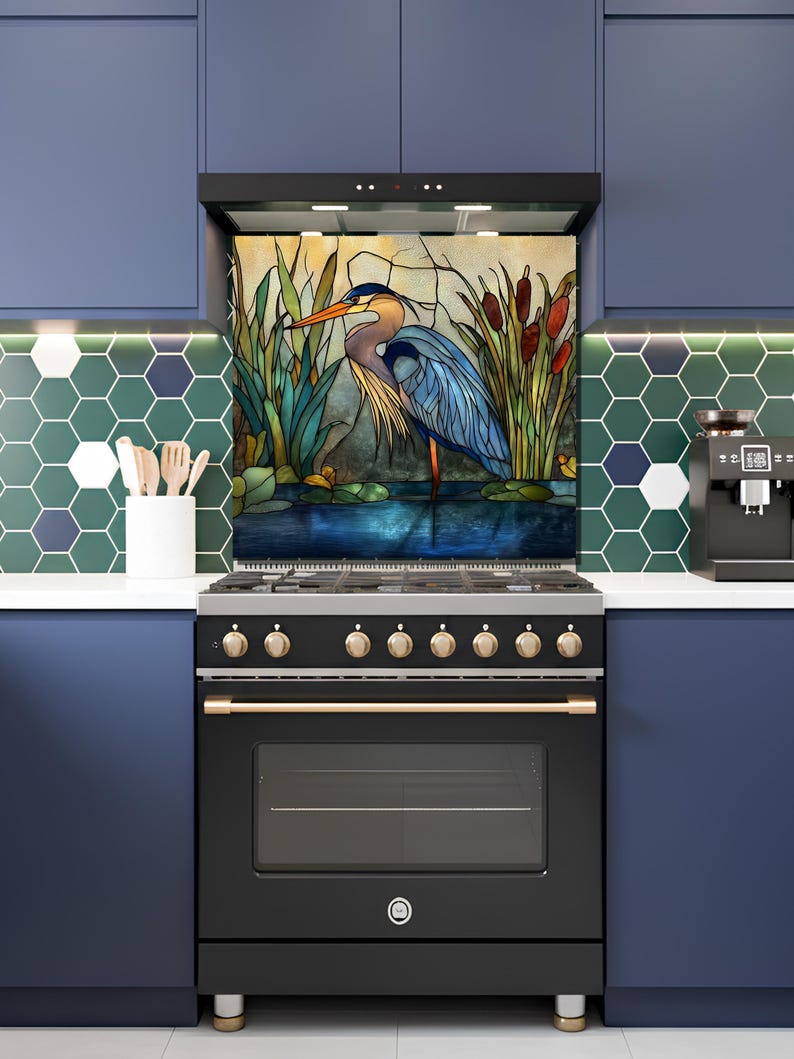 Stove Backsplash Panel - Heron Stained Glass, Easy Clean Surface image 11