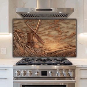 Windmill Countryside Tempered Glass Stove Backsplash: Rustic Kitchen Decor