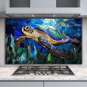 Sea Turtle Glass Backsplash: Coastal Kitchen Art in Blue Teal image 11