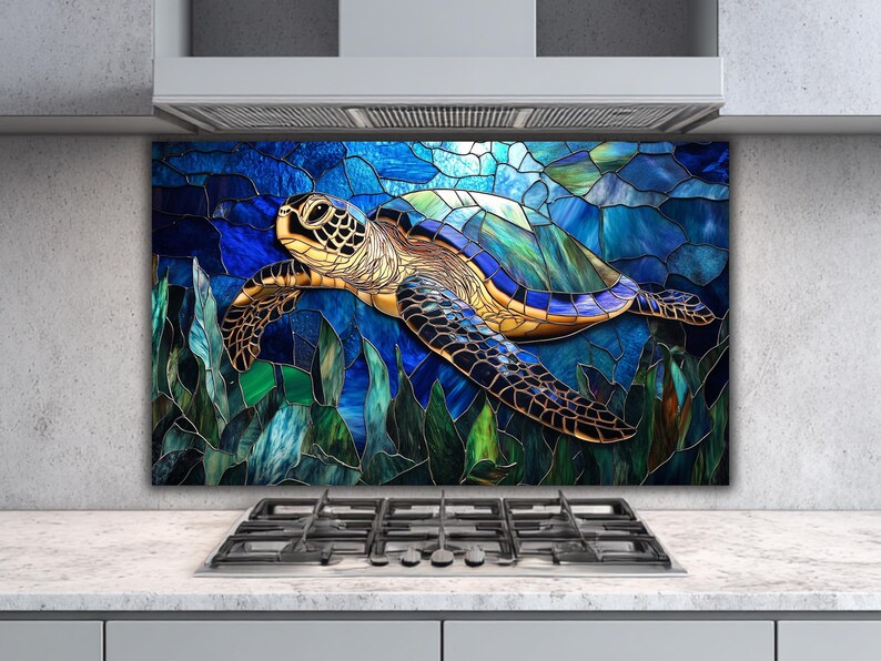 Sea Turtle Glass Backsplash: Coastal Kitchen Art in Blue Teal image 11