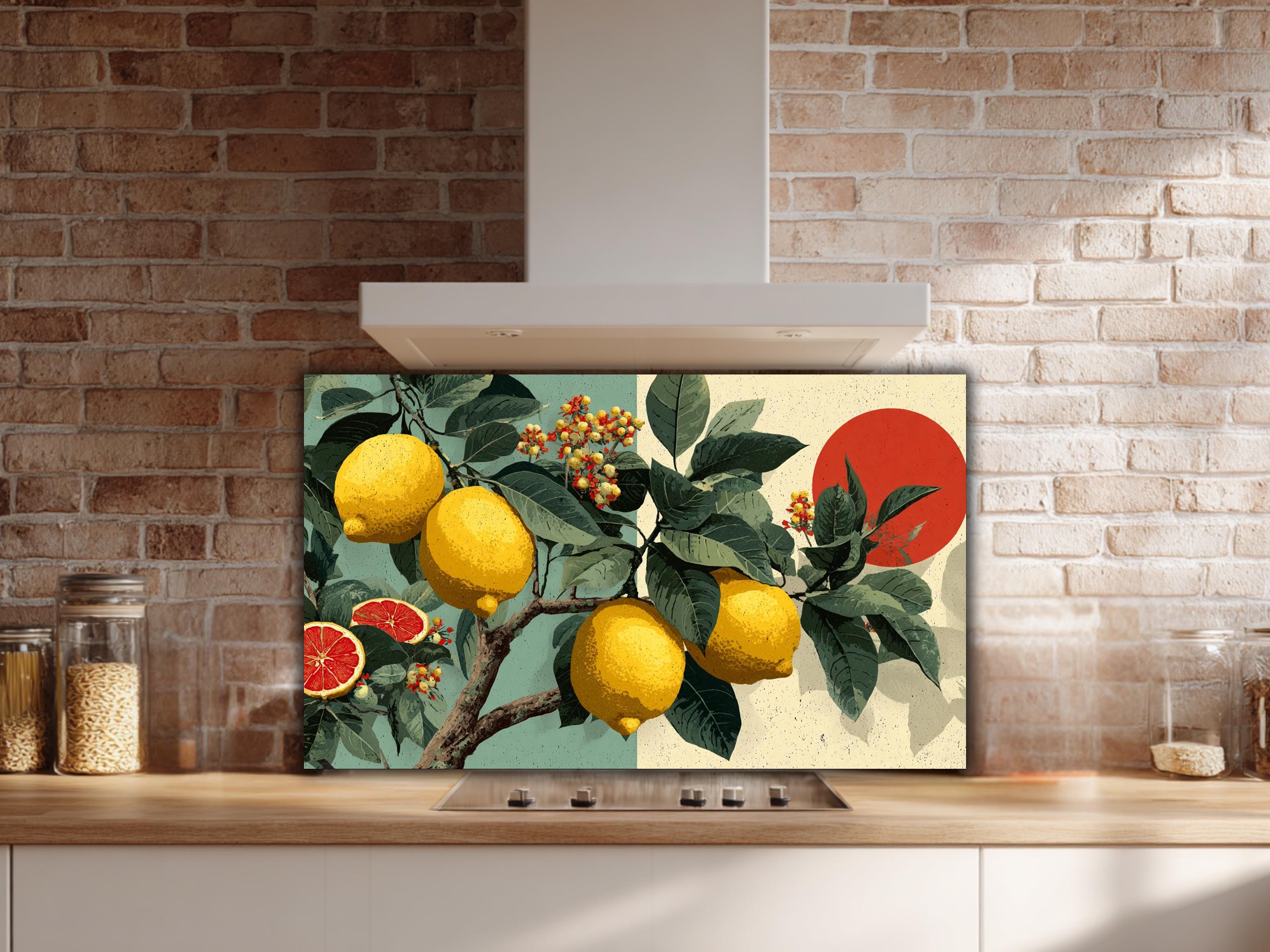 Lemon Splashbacks Vintage Lemon & Grapefruit Glass Backsplash | Retro Pop Art Fruit ...