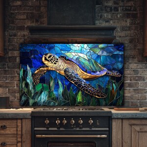 Sea Turtle Glass Backsplash: Coastal Kitchen Art in Blue Teal image 9