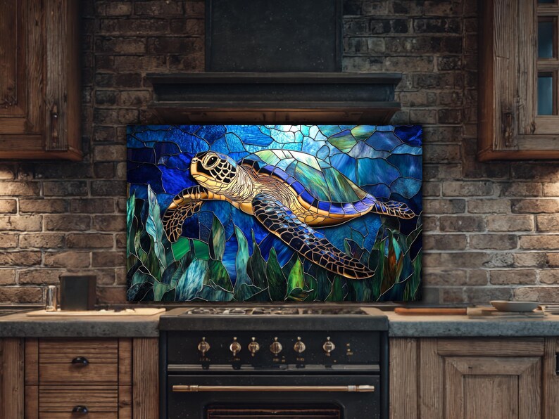Sea Turtle Glass Backsplash: Coastal Kitchen Art in Blue Teal image 9