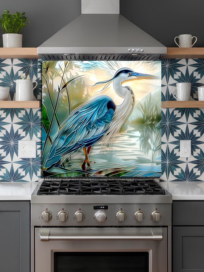 Blue Heron Stove Backsplash Tempered Glass Panel, Custom Size image 10