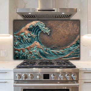 Bronze Wave Tempered Glass Backsplash: Japanese Art Kitchen Decor
