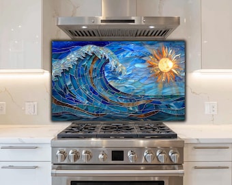 Stained Glass Look Backsplash | Wave, Sun, Ocean Stove Guard