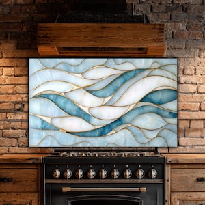 Ocean Wave Tempered Glass Stove Backsplash: Coastal Kitchen Art