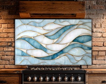 Ocean Wave Tempered Glass Stove Backsplash: Coastal Kitchen Art