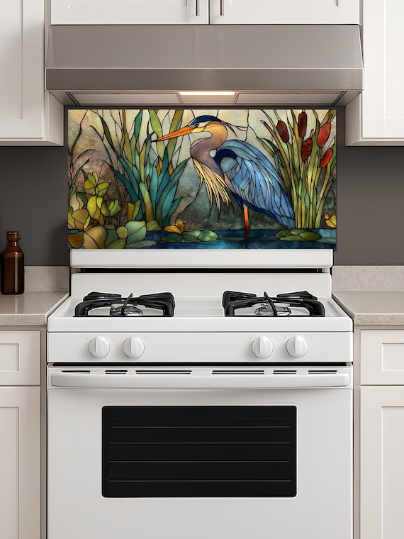Stove Backsplash Panel - Heron Stained Glass, Easy Clean Surface