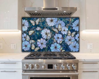 Blue Floral Stained Glass Backsplash | Butterfly & Daisy Mosaic Stove Guard Art