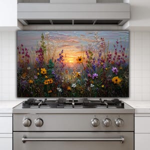 Glass Backsplash | Wildflower Meadow Stove Guard | Colorful Floral Kitchen Decor