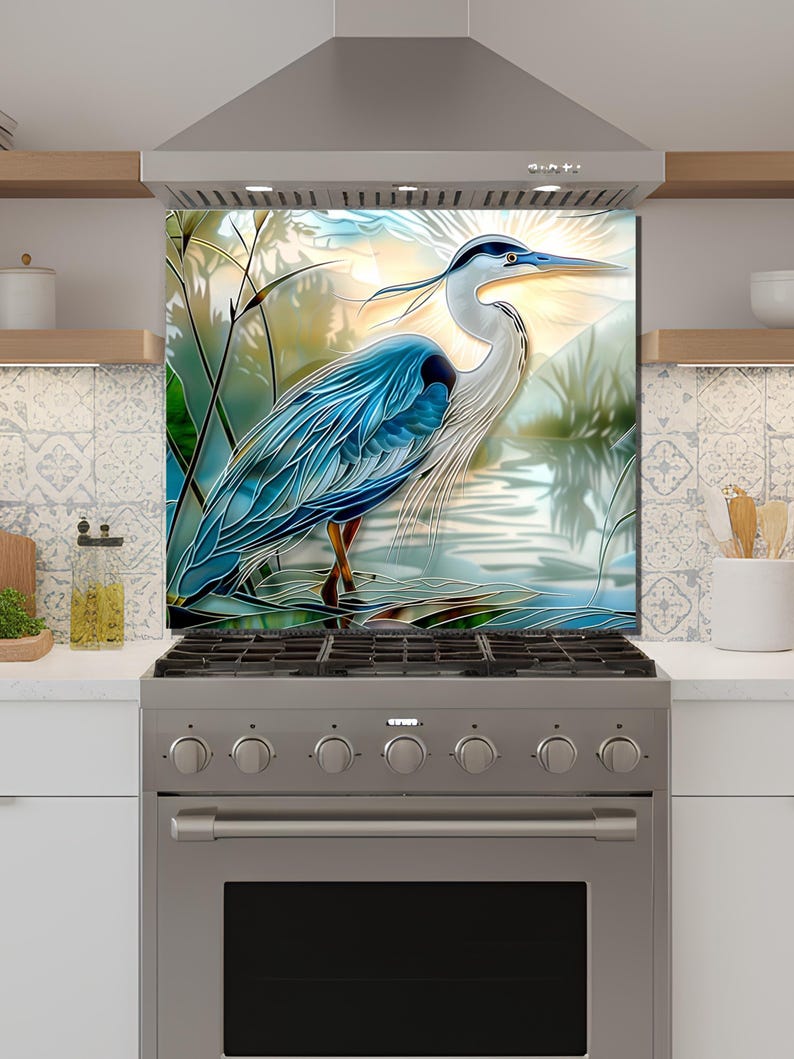 Blue Heron Stove Backsplash Tempered Glass Panel, Custom Size image 5