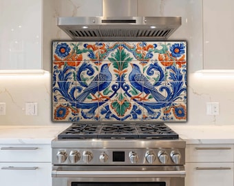 Blue Bird Tile Glass Backsplash | Mediterranean Floral Stove Guard | Vintage Azulejo Kitchen Art