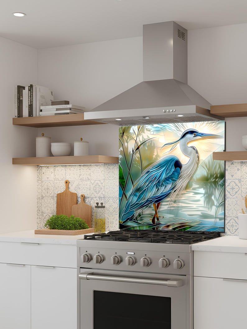Blue Heron Stove Backsplash Tempered Glass Panel, Custom Size image 9