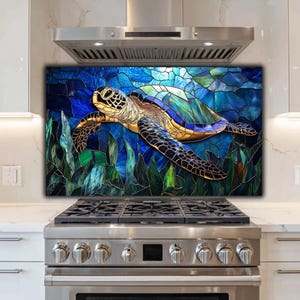 Sea Turtle Glass Backsplash: Coastal Kitchen Art in Blue Teal