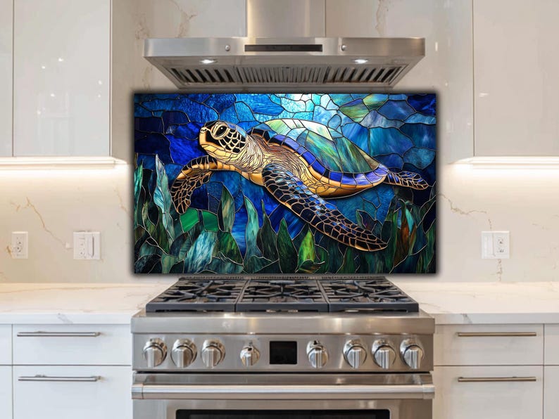 Sea Turtle Glass Backsplash: Coastal Kitchen Art in Blue Teal image 1