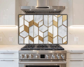 Luxury Marble & Gold Geometric Glass Backsplash | Modern White Rhombus Stove Guard Art