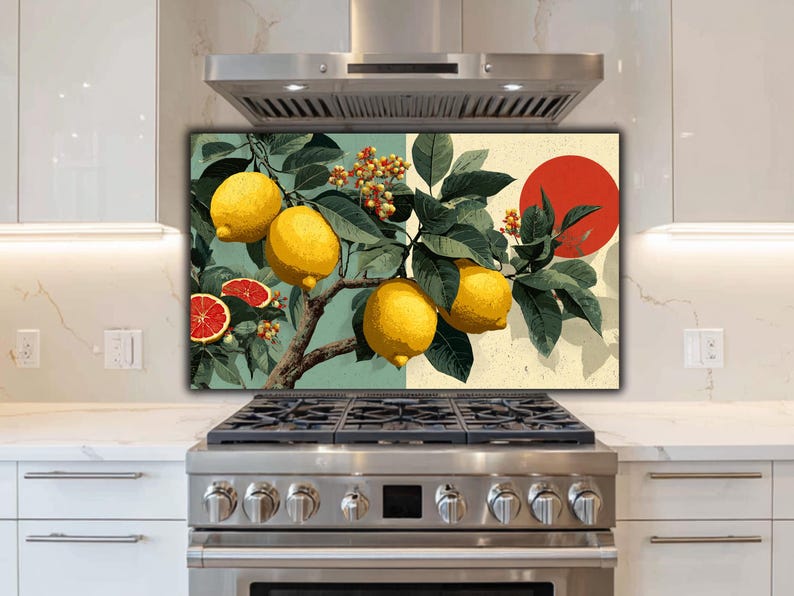 Lemon Splashbacks Vintage Lemon & Grapefruit Glass Backsplash | Retro Pop Art Fruit ...