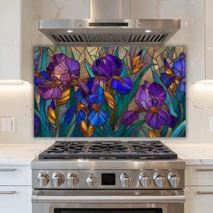 Iris Flower Backsplash: Stained Glass Panel - Tempered and Heat-Resistant