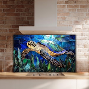 Sea Turtle Glass Backsplash: Coastal Kitchen Art in Blue Teal image 5