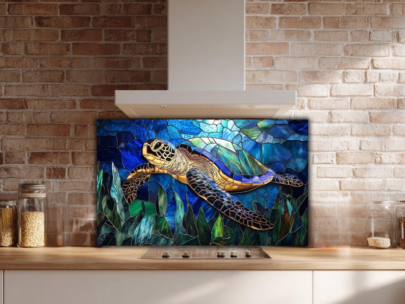 Sea Turtle Glass Backsplash: Coastal Kitchen Art in Blue Teal image 5