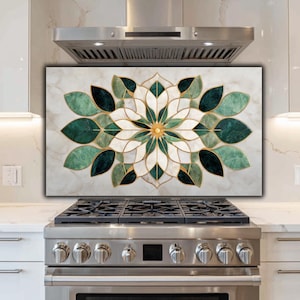 Glass Backsplash | Emerald Marble Flower Stove Guard | Luxury Floral Kitchen Decor